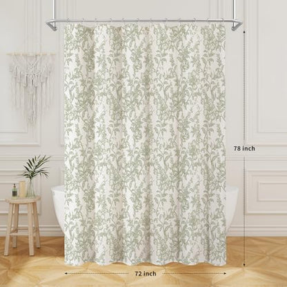 Sage Boho Linen Fabric Shower Curtain , Farmhouse Floral For Bathroom