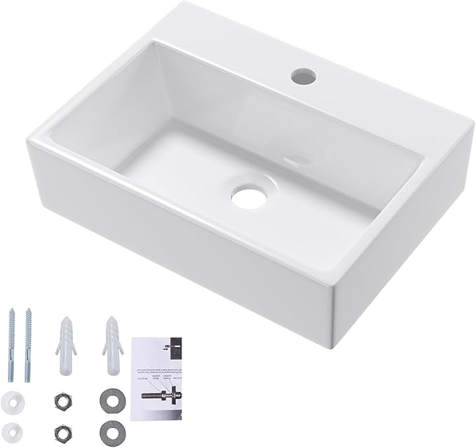 Wall Mounted Bathroom Vessel Sink, QISHKA 19" X 14" Rectangular Floating Ceramic Wash Hand Basin White Wall Hung Vanity Sink for Bathroom and Cloakroom