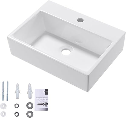 Wall Mounted Bathroom Vessel Sink, QISHKA 19" X 14" Rectangular Floating Ceramic Wash Hand Basin White Wall Hung Vanity Sink for Bathroom and Cloakroom