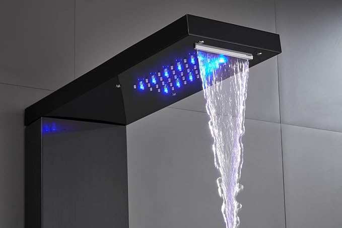 ELLO&ALLO Stainless Steel Shower Panel Tower System,LED Shower Head 6-Function Faucet Rain Massage System with Body Jets, Black