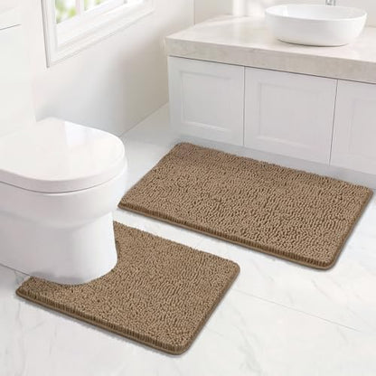 Bcoimo U Shaped Bath Rug Mat Set,2 Piece Chenille Latte Toilet Bathroom Rug
