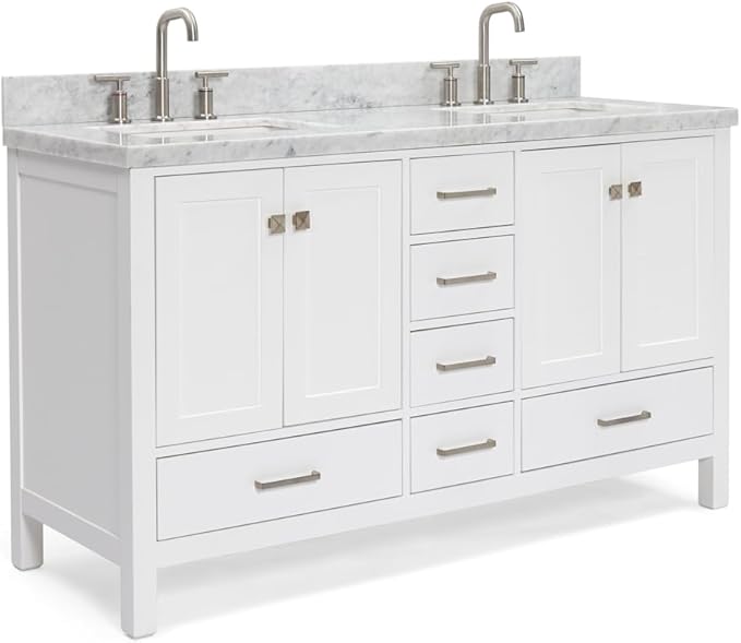 ARIEL Cambridge 60-inch Bathroom Vanity with Sink,Solid Wood, 1.5-inch Italian Carrara Marble Countertop, Double Rectangular Porcelain Sink, 4 Soft Closing Doors, 6 Dovetail Drawers, White
