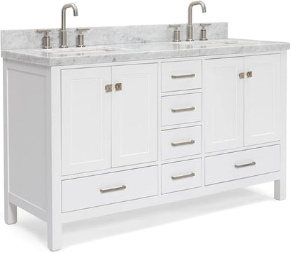 ARIEL Cambridge 60-inch Bathroom Vanity with Sink,Solid Wood, 1.5-inch Italian Carrara Marble Countertop, Double Rectangular Porcelain Sink, 4 Soft Closing Doors, 6 Dovetail Drawers, White