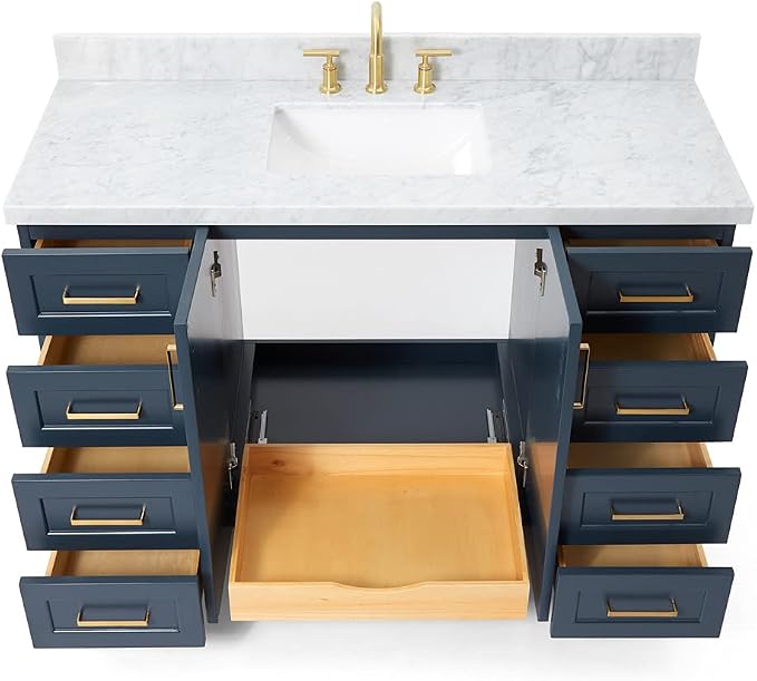 DKB Emilia 54" Midnight Blue Bathroom Vanity with Sink, 1.5" Edge Italian Carrara Marble Countertop, Rectangular Undermount Sink, 2 Soft-Closing Doors, 9 Dovetail Drawers