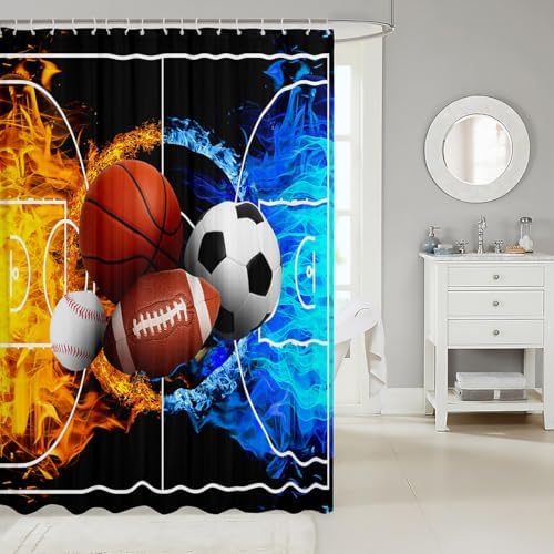 jejeloiu Ball Games Bath Curtain Boys Girls 72"x84" Ice Fire Ball Shower Curtain for Kids Women Men Waterproof Football Bathroom Shower Curtain Set Sports Game Kids Bathroom Accessories