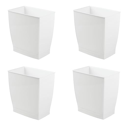iDesign Small Plastic Bathroom Trash Can, 4-Pack, White | Slim Rectangle, For Bedroom, Office, Dorm