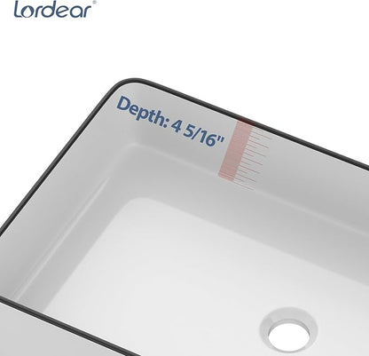 Lordear Rectangular Bathroom Vessel Sink 24x14 Inches White Bathroom Sinks 24 Inch with Black Rim Ceramic Sink Above Counter Lavatory Vanity