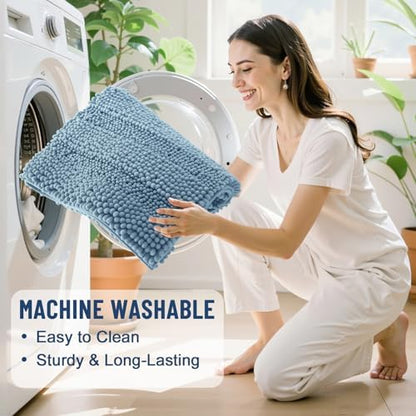 Grandaily Chenille Striped Bathroom Rugs 44x32, Extra Thick and Soft Absorbent Bath Mats, Rubber Backing, Plush Shaggy Shower Carpet, Machine Wash Dry, Bath Rug for Bathroom, Airy Blue