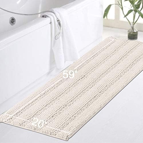 Turquoize Non Slip Shaggy Chenille Microfibers Bathroom Rug Ivory Bathroom Mat Extra Long Bath Rug 59 x 20 Kitchen Rugs and Mats, Super Water Absorbent & Soft Washable Bath Rug for Kitchen, Ivory