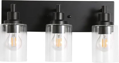 LOUSACE 3 Light Bathroom Vanity Light, Matte Black Bathroom Light Fixtures Over Mirror, Modern Bathroom Lighting with Clear Glass Shade, Black Farmhouse Wall Sconces Lighting Fixture for Bedroom