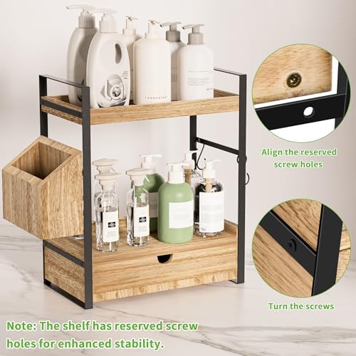2-Tier Bathroom Counter Organizer, Wooden Vanity Shelf with Drawer & Basket