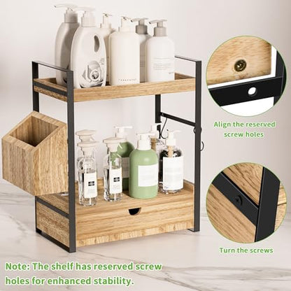 2-Tier Bathroom Counter Organizer, Wooden Vanity Shelf with Drawer & Basket