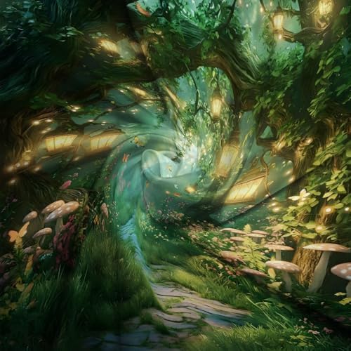 Fantasy Forest Path Shower Curtain Fairy Magical Enchanted Misty Jungle Mushroom Floral Tree Butterfly Lantern Wonderland Bath Curtain Fabric Bathroom Accessories Decor with Hooks 60W x70L