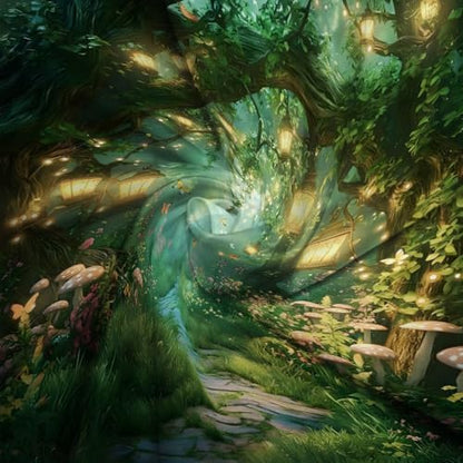 Fantasy Forest Path Shower Curtain Fairy Magical Enchanted Misty Jungle Mushroom Floral Tree Butterfly Lantern Wonderland Bath Curtain Fabric Bathroom Accessories Decor with Hooks 84W x70L