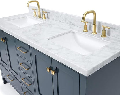 ARIEL Cambridge 60-inch Bathroom Vanity with Sink,Solid Wood, 1.5-inch Italian Carrara Marble Countertop, Double Rectangular Porcelain Sink, 4 Soft Closing Doors, 6 Dovetail Drawers, Midnight Blue