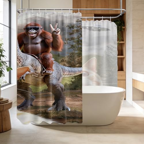 Extra Long Shower Curtain XL Fun Cat Riding Dinosaur, 108 x 72 Inchs