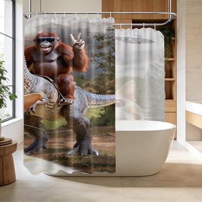Extra Long Shower Curtain XL Fun Cat Riding Dinosaur, 108 x 72 Inchs