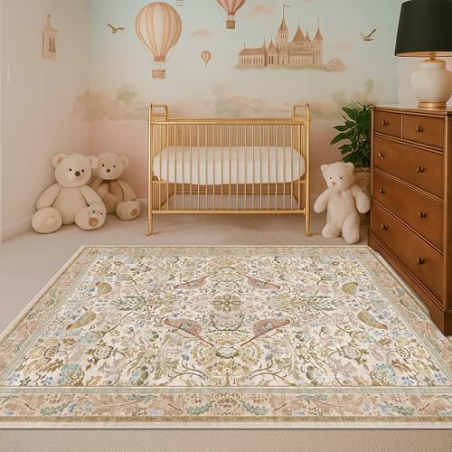 Washable Area Rug 4x6 for Living Room - Boho Western Nature Rugs for Bedroom, Kitchen, Office, Large Entryway, Rustic Botanical Decor, Non-Slip Low Pile Beige Ultra Soft Bird Carpet