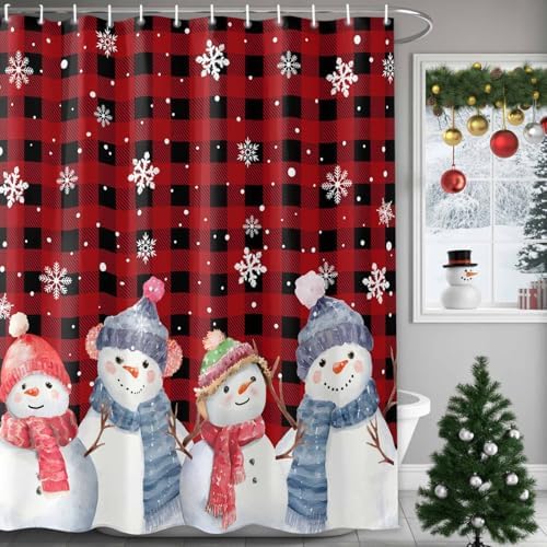 Christmas Snowman Shower Curtain Bathroom Set Red Black Buffalo Plaid Waterproof Shower Curtains with Grommets Hooks Xmas Snowflakes Privacy Bath Curtain for Bathtub Decor 48x72in