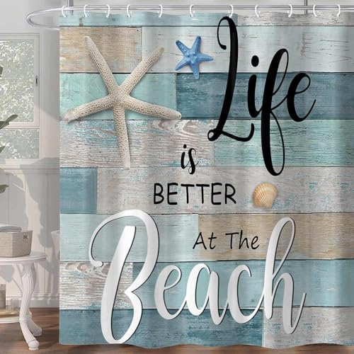 Beach Shower Curtain, Rustic Vintage Wood Ocean Quote Words Summer Fabric Decor Bath Curtain, Nautical Coastal Starfish Theme Bathroom Curtain Accessories with Hooks 72X84in