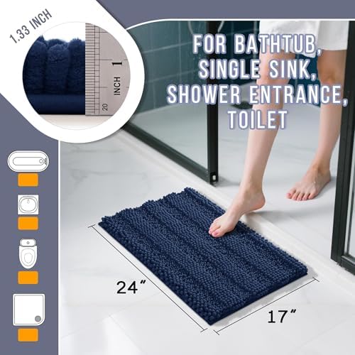 Yimobra Bathroom Rug Mat 24 x 17, Non Slip and Super Absorbent Bath Mat,Machine Washable Quick Dry,Ultra Plush Chenille Shower Rugs for Bathroom Floor Sink Tub and Shower Outside,Navy Blue