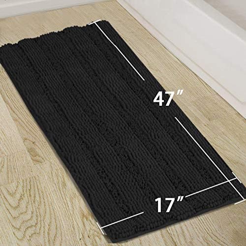 Turquoize Non Slip Black Bathroom Rug Extra Long Chenille Bath Rug 47x17 Super Water Absorbent & Soft Washable Shaggy Bath Rug for Bathroom, Black