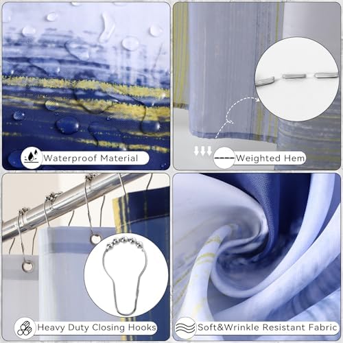 XLHOMO Blue and Gold Bathroom Accessories Set, Bathroom Sets with Shower Curtain, Blue Bathroom Accessories with Trash Can, Soap Dispenser, Soap Dish, Toilet Brush Holder, Qtip Holders for Bathroom