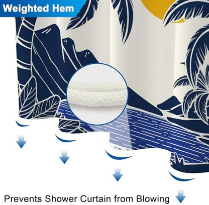 Tropical Bay Waterproof Shower Curtain with 12 Hooks, Navy Blue Palm Trees Shower Curtain Set for Bathroom, Metal Grommets & Weighted Bottom, Machine Washable Bath Curtain, 72x72 Inches
