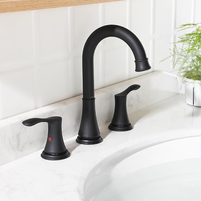 Matte Black Widespread Bathroom Sink Faucet 8 Inch for Vanity | with All Metal Pop Up Drain, High Arc 2 Handle Lead-Free Deck Mount Bathroom Faucet for 3 Hole Lavatory Utility Sink