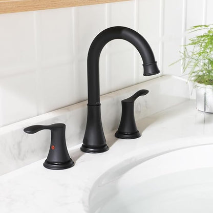 Matte Black Widespread Bathroom Sink Faucet 8 Inch for Vanity | with All Metal Pop Up Drain, High Arc 2 Handle Lead-Free Deck Mount Bathroom Faucet for 3 Hole Lavatory Utility Sink
