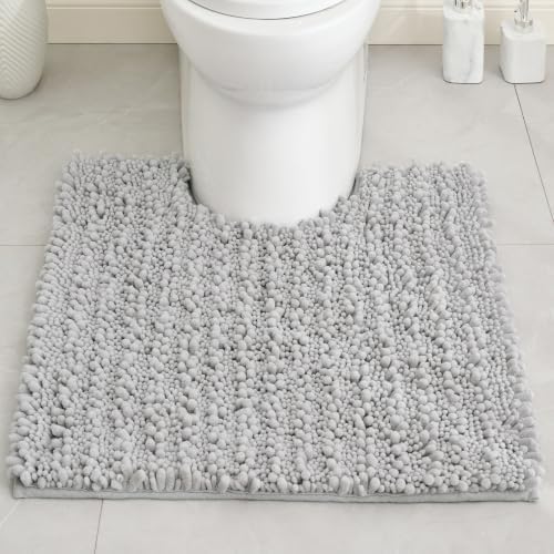 Disolla Toilet Rug 24x24 Inch - Silver U-Shaped Bathroom Floor Mat, Soft Shaggy Plush Absorbent Chenille Contour Rug, Non-Slip Washable Pedestal Base Rug