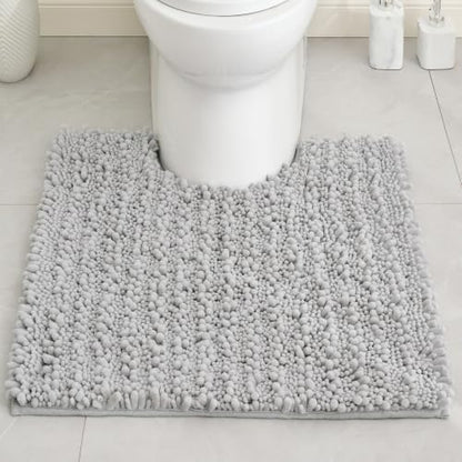 Disolla Toilet Rug 24x24 Inch - Silver U-Shaped Bathroom Floor Mat, Soft Shaggy Plush Absorbent Chenille Contour Rug, Non-Slip Washable Pedestal Base Rug