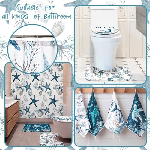Honoson 8 Pcs Coastal Beach Ocean Theme Bathroom Shower Curtain Set