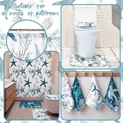Honoson 8 Pcs Coastal Beach Ocean Theme Bathroom Shower Curtain Set