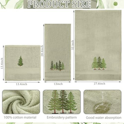 3 Pcs Rustic Pine Trees Bathroom Towel Set Farmhouse Embroidered Pine Trees Towels Vintage Decorative 100% Cotton Bath Towel Highly Absorbent Elegant Summer Decor Set for Bathroom