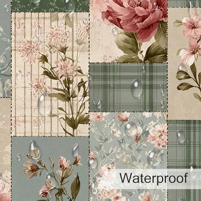 Vintage Floral Patchwork Shower Curtain for Bathroom, Pink Flower and Green Plaid Retro Shower Curtain Set Country Farmhouse Bathroom Decor Accessories with Hooks, 60W X 72L inches