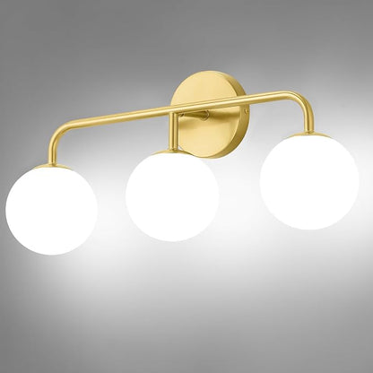 Gold Bathroom Vanity Lights, Mid Century Modern 3-Light Bathroom Lighting Fixtures Over Mirror, Brushed Gold Bathroom Lights Wall Sconce with Frosted Globe Milk Glass Shade, Wall Mount Light Fixture