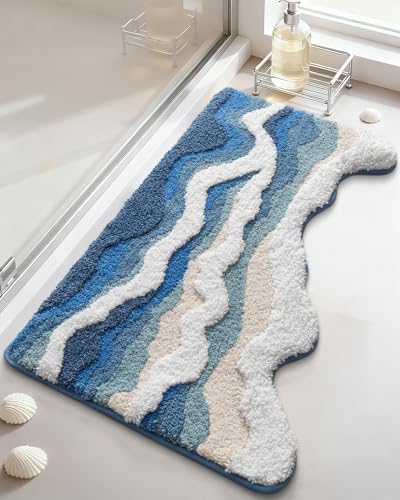 DEXI Cute Bath Mat, Sea Ocean Wave Bathroom Rugs, 34x21 Blue