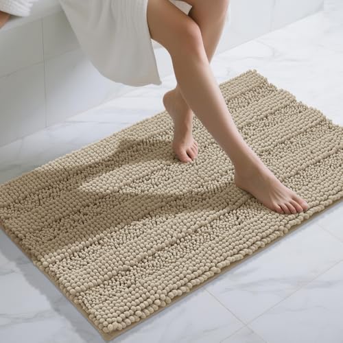 Yimobra Bathroom Rug Mat 44 x 24, Non Slip and Super Absorbent Bath Mat,Machine Washable Quick Dry,Ultra Plush Chenille Shower Rugs for Bathroom Floor Sink Tub and Shower Outside,Camel