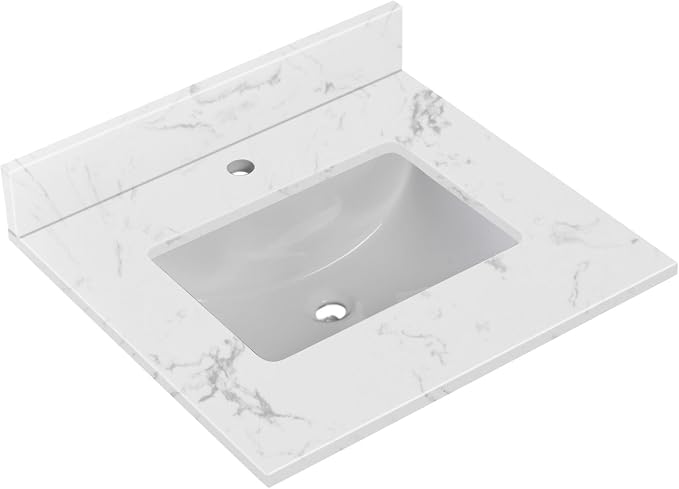 24"x22" Engineered Stone Bathroom Vanity Top with Rectangular Undermount Ceramic Sink, Single Faucet Hole with Backsplash Bathroom Vanity Sink Top (Cabinet Not Included)