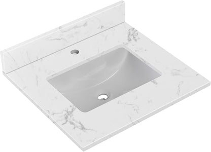 24"x22" Engineered Stone Bathroom Vanity Top with Rectangular Undermount Ceramic Sink, Single Faucet Hole with Backsplash Bathroom Vanity Sink Top (Cabinet Not Included)