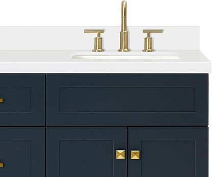 ARIEL Hamlet 66-inch Bathroom Vanity with Sink,Solid Wood, 1.5-inch Pure White Quartz Countertop, Double Rectangular Porcelain Sink, 4 Soft Closing Doors, 3 Dovetail Drawers, Midnight Blue