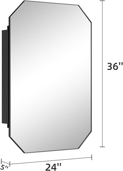Casaphoria 36" H x 24" W Octagon Bathroom Medicine Cabinet with Mirror, Metal Frame Wall Medicine Cabinets Mirrors, Black K