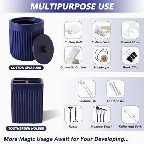 XLHOMO Resin Navy Blue Bathroom Accessories Set 5 Pcs, Lotion Soap Dispenser, Toothbrush Holder, Bathroom Tumbler, Qtip Holder and Vanity Tray, Bathroom Countertop Organizer Set for Modern Apartment