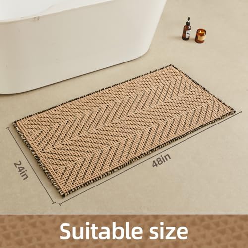 Sunfly Waffle Bath Mat, Boho Bathroom Rugs Non Slip Washable Super Absorbent Quick Dry Bath Mat Farmhouse Bathroom Decor, 24"x48" Black &Khaki