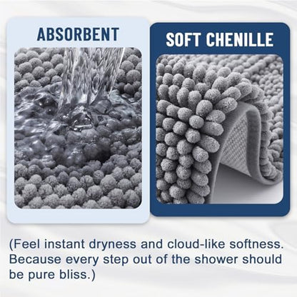 Grandaily Chenille Striped Bathroom Rugs 36x24, Extra Thick and Soft Absorbent Bath Mats, Rubber Backing, Plush Shaggy Shower Carpet, Machine Wash Dry, Bath Rug for Bathroom, Grey