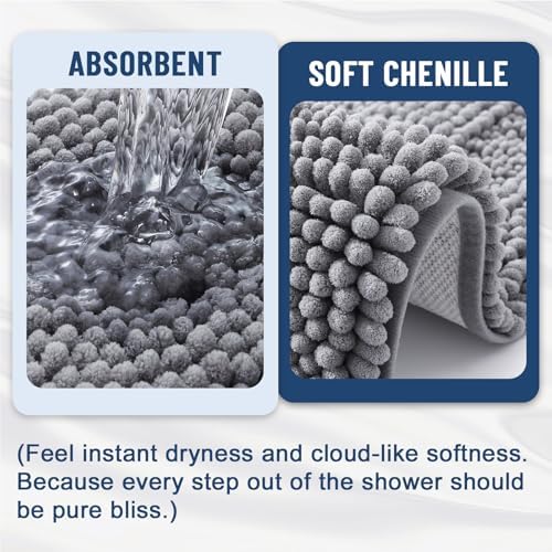 Grandaily Chenille Striped Bathroom Rugs 30x20, Extra Thick and Soft Absorbent Bath Mats, Rubber Backing, Plush Shaggy Shower Carpet, Machine Wash Dry, Bath Rug for Bathroom, Grey
