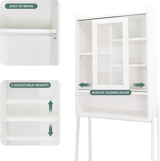 Over Toilet Storage Cabinet Organizer for Bathroom, Over Toilet Shelf, Freestanding Space Saver with Adjustable Shelves, Acrylic Sliding Door, Wide Open Shelf, 2 Hooks, Classic White