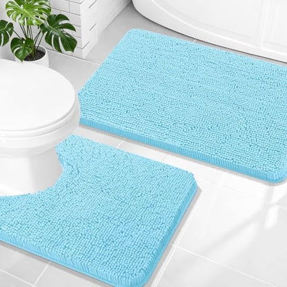 OLANLY Chenille Bathroom Rugs Mats Sets 2 Piece, 30"x20"+24"x20", Sky Blue