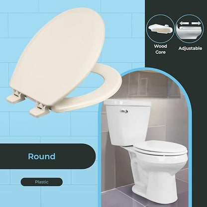 Centoco Heavy-Duty Round Toilet Seat, Wood Core with Scratch-Resistant Plastic Finish, Won't Crack or Fade, Residential, Made in the USA, 700-416, Biscuit
